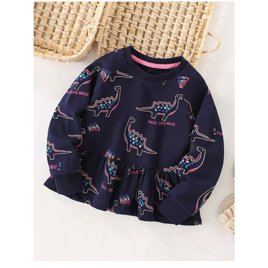 Children’s Dinosaur Print Ruffle Hem Sweatshirt Dark Navy / 3Y Apparel and Accessories