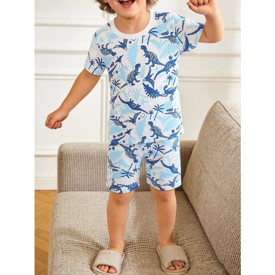 Children’s Dinosaur Print Short Sleeve Pajama Set Pastel Blue / 3Y Apparel and Accessories