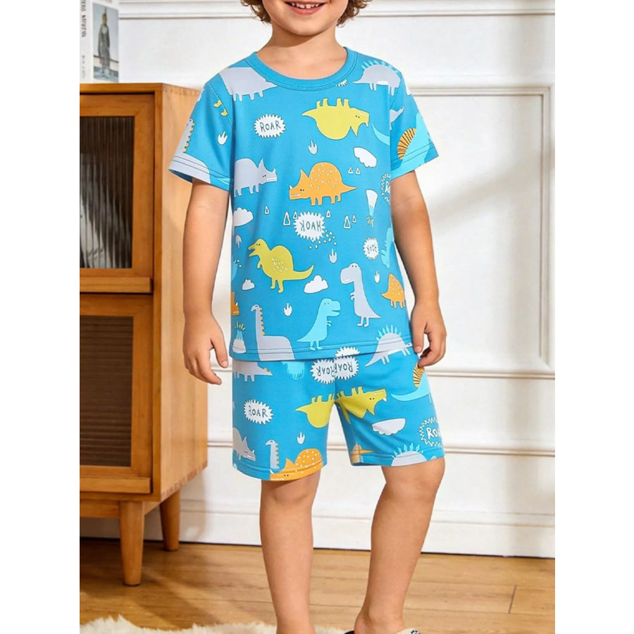 Children’s Dinosaur Print Short Sleeve Pajama Set Sky Blue / 3Y Apparel and Accessories