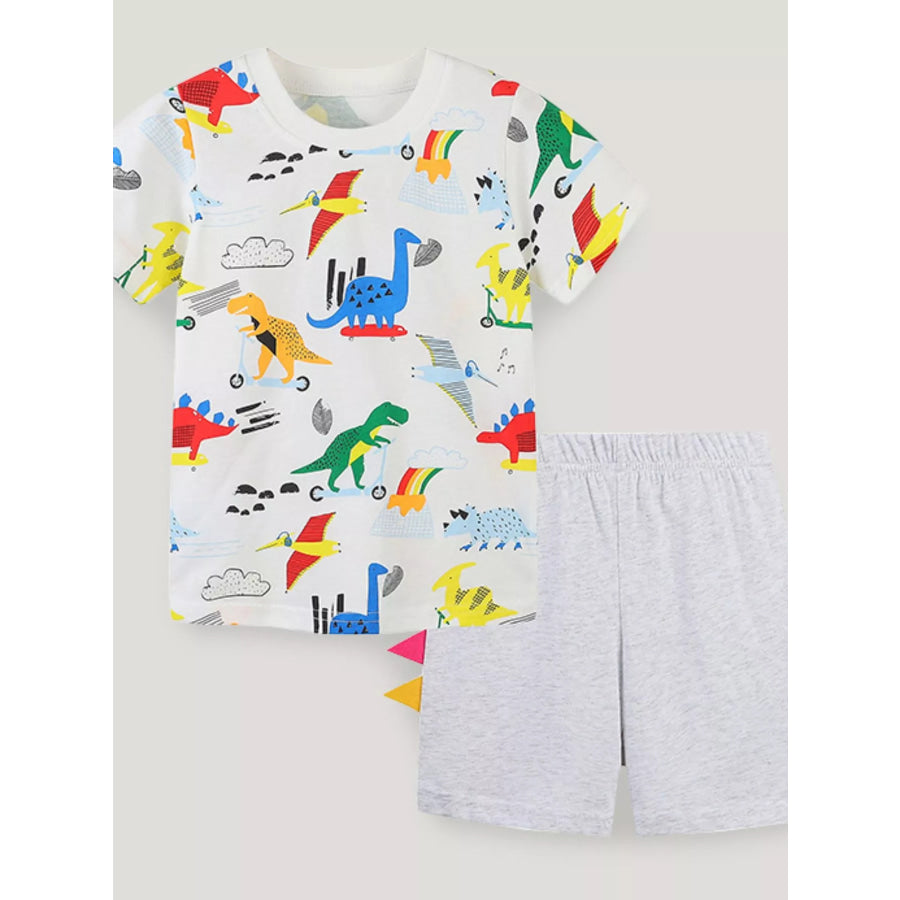 Children’s Dinosaur Print Short Sleeve Tee and Shorts Set White / 2Y Apparel and Accessories