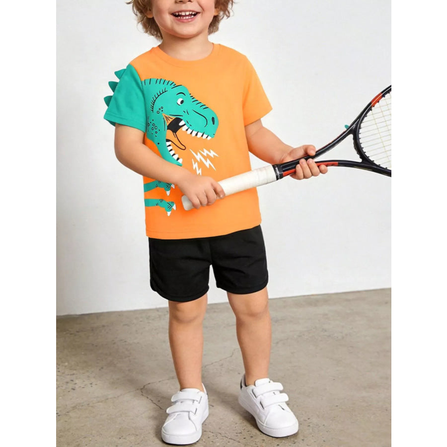 Children’s Dinosaur Print Short Sleeve Tee & Shorts Set Tangerine / 2Y Apparel and Accessories