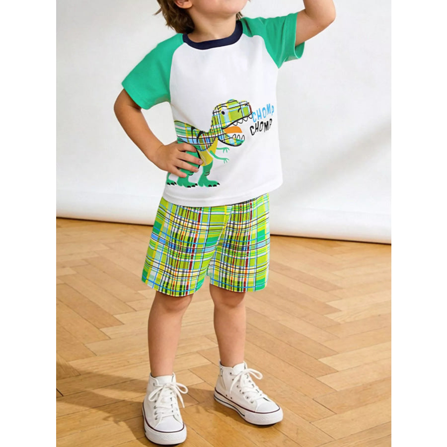 Children’s Dinosaur Print T-Shirt & Plaid Shorts Set White / 2Y Apparel and Accessories