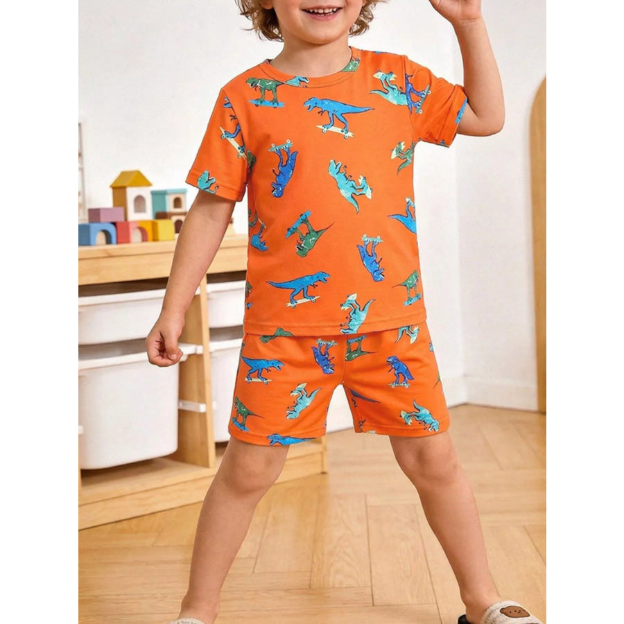 Children’s Dinosaur Print Tee and Shorts Set Orange / 3Y Apparel and Accessories