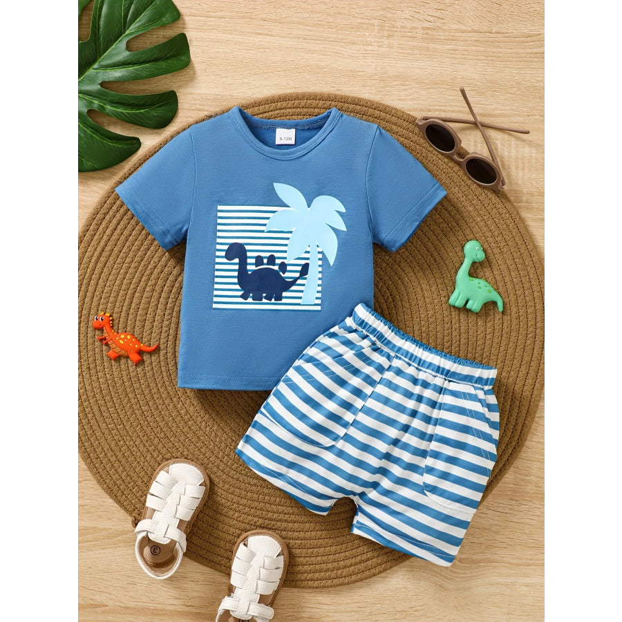 Children’s Dinosaur Print Tee & Striped Shorts Set Blue / 6-9M Apparel and Accessories