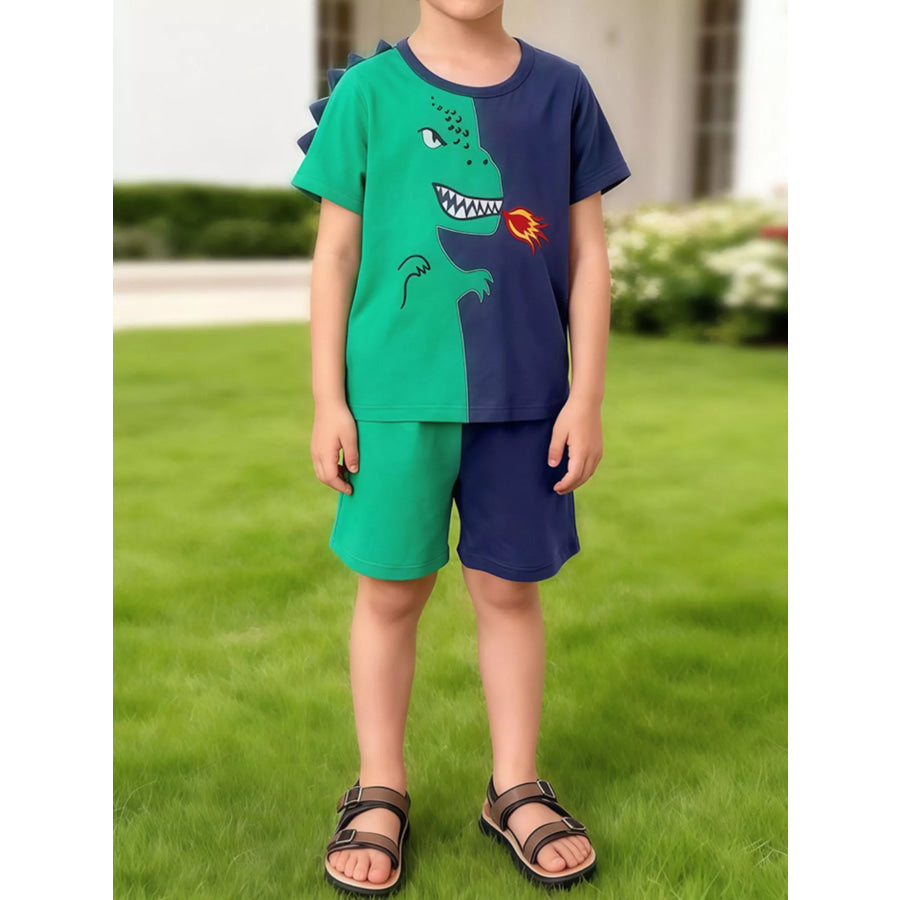 Children’s Dinosaur Print Two-Tone Set Green / 2Y Apparel and Accessories