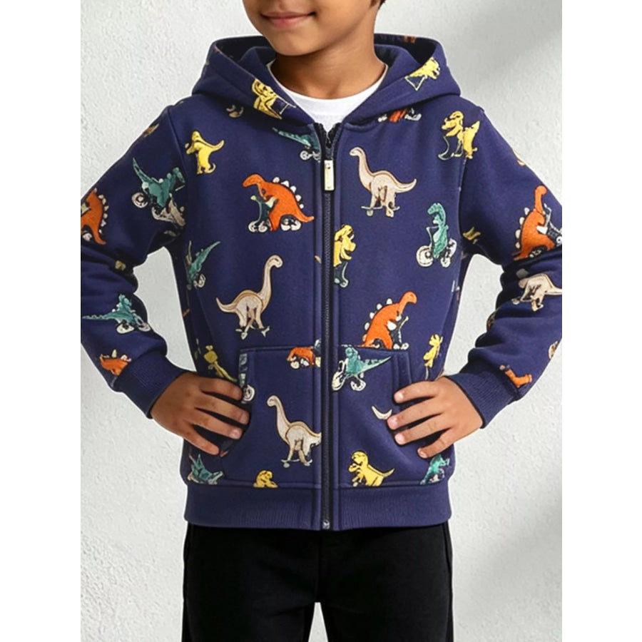 Children’s Dinosaur Print Zip-Up Hooded Jacket Navy / 2Y Apparel and Accessories