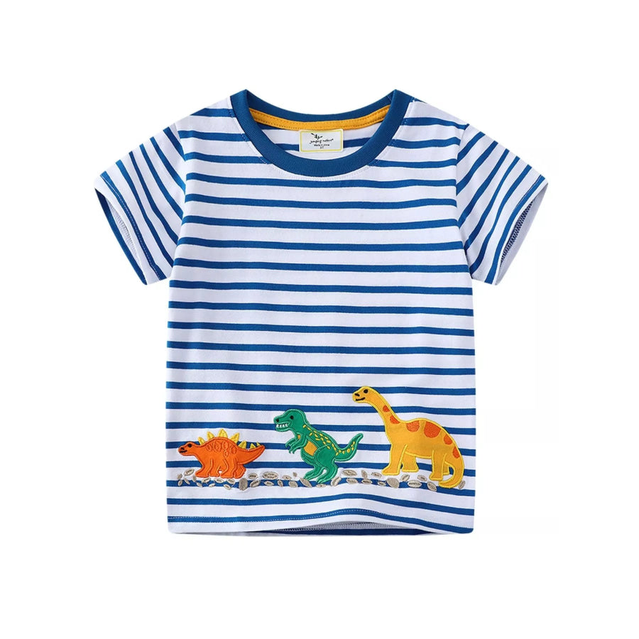 Children’s Dinosaur Round Neck Striped T-Shirt Peacock Blue / 2T Apparel and Accessories