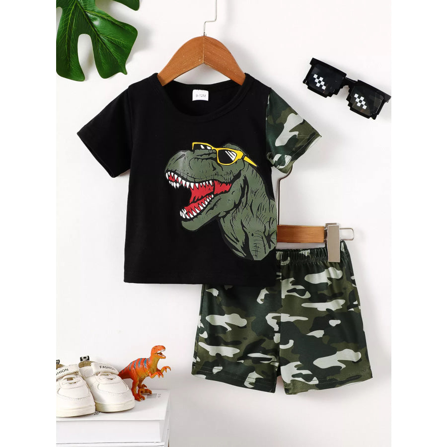 Children’s Dinosaur Round Neck Tee and Camo Shorts Set Black / 4Y Apparel and Accessories