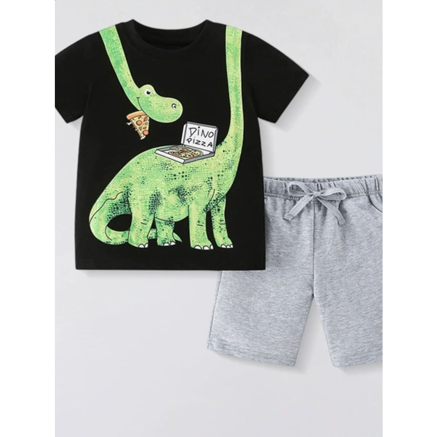 Children’s Dinosaur Round Neck Tee and Shorts Set Black / 3Y Apparel and Accessories