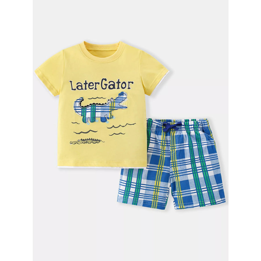 Children’s Dinosaur Round Neck Tee and Shorts Set Yellow / 3Y Apparel and Accessories