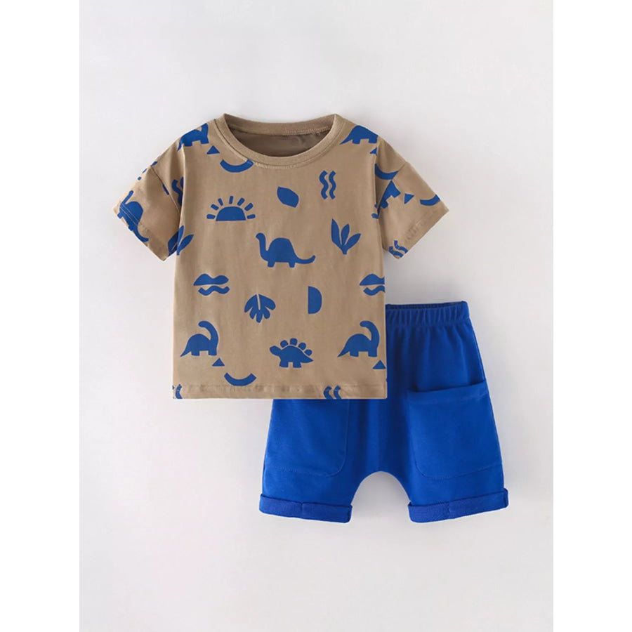 Children’s Dinosaur Round Neck Top and Shorts Set Camel / 5Y Apparel and Accessories