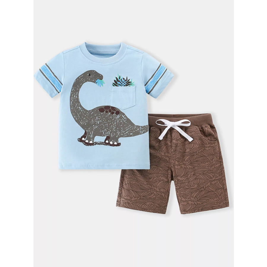 Children’s Dinosaur Round Neck Top and Shorts Set Light Blue / 3Y Apparel and Accessories