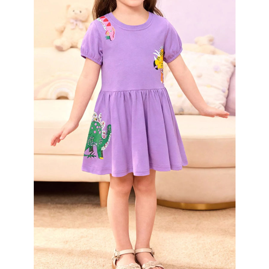 Children’s Dinosaur Short Sleeve Dress Lavender / 2Y Apparel and Accessories