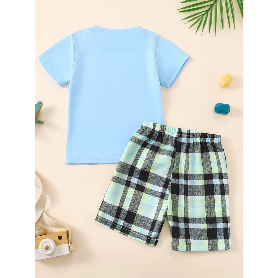 Children’s Dinosaur Short Sleeve Tee & Plaid Shorts Set Apparel and Accessories