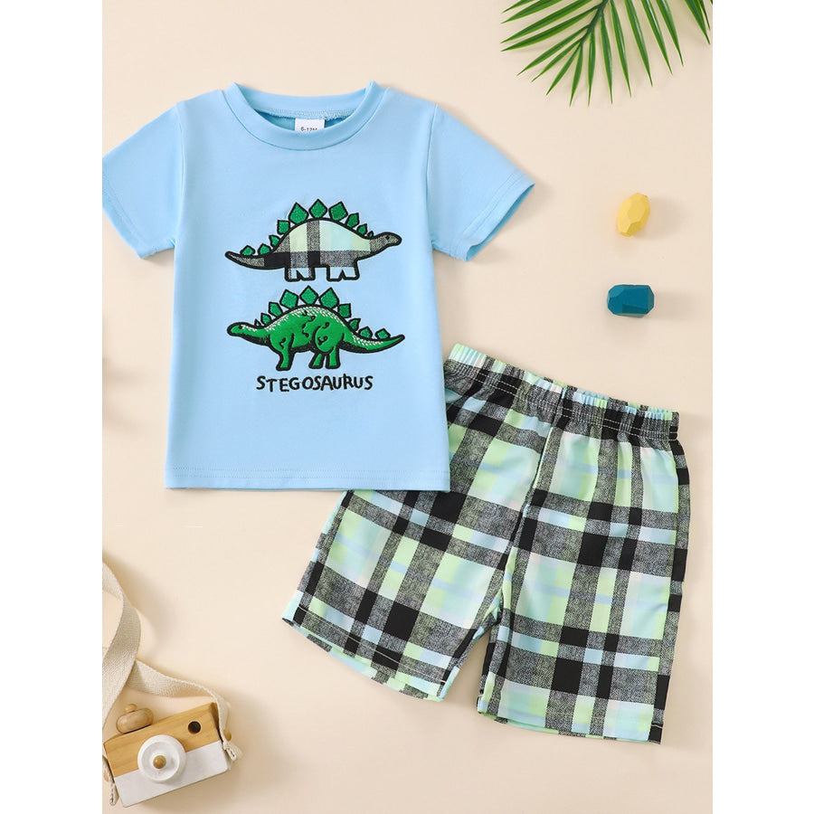 Children’s Dinosaur Short Sleeve Tee & Plaid Shorts Set Blue / 6-12M Apparel and Accessories