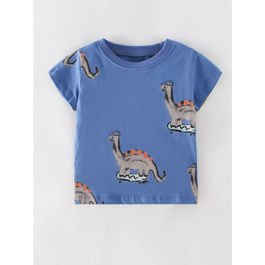 Children’s Dinosaur Skateboard Print Crew Neck Short Sleeve T-Shirt Dusty Blue / 3Y Apparel and Accessories