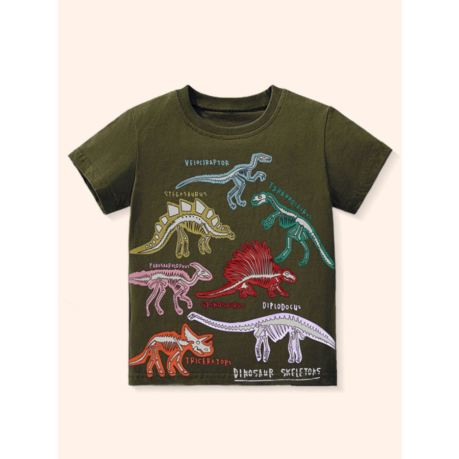 Children’s Dinosaur Skeleton Print Short Sleeve T-Shirt Army Green / 3Y Apparel and Accessories