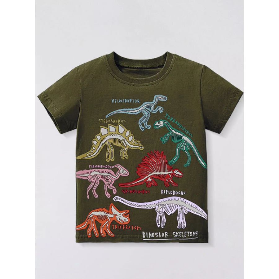 Children’s Dinosaur Skeleton Round Neck T-Shirt Army Green / 3Y Apparel and Accessories