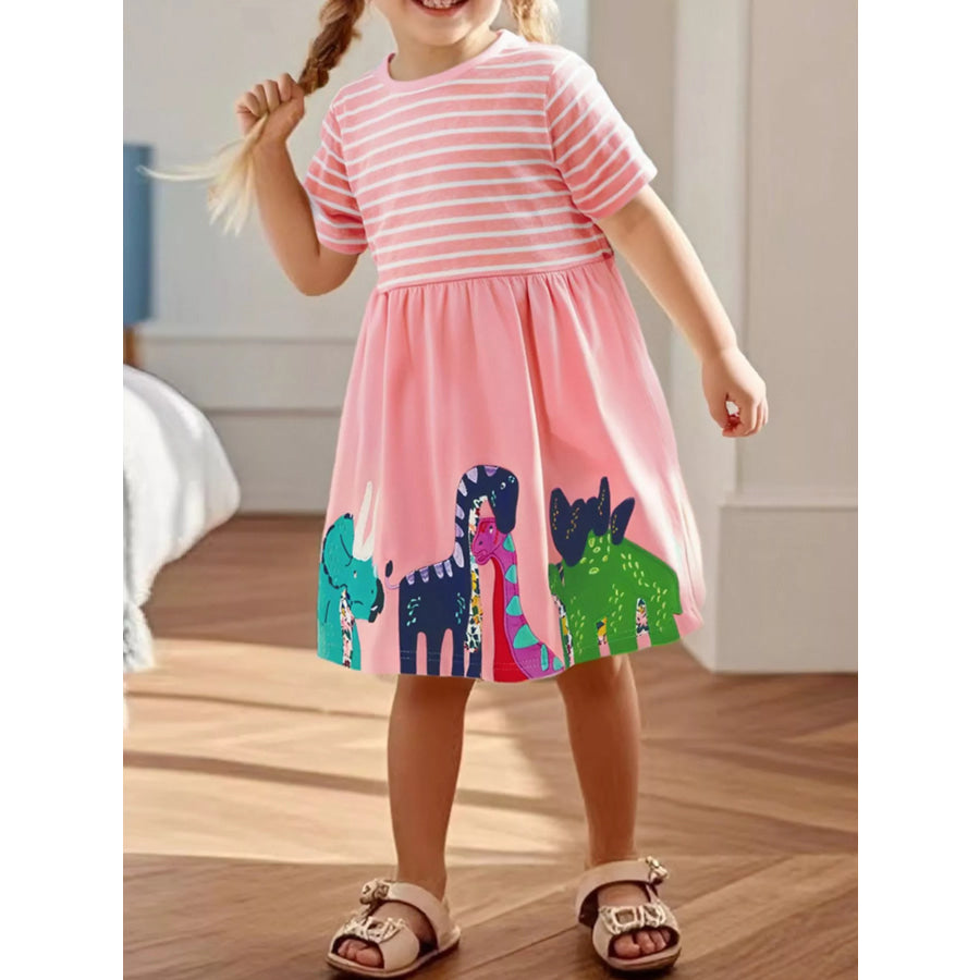 Children’s Dinosaur Striped Casual Dress Blush Pink / 2Y Apparel and Accessories