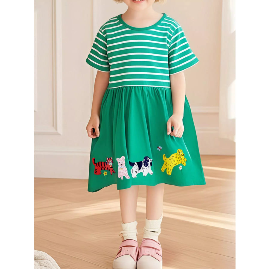 Children’s Dinosaur Striped Casual Dress Green / 2Y Apparel and Accessories