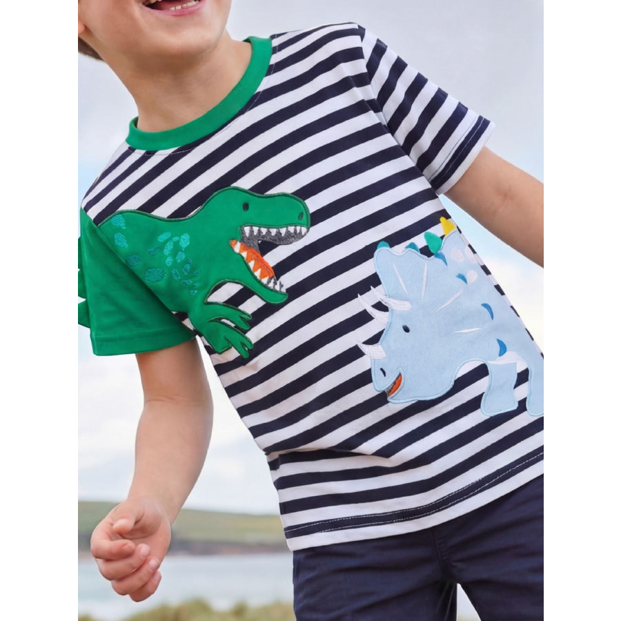 Children’s Dinosaur Striped Short Sleeve T-Shirt Dark Blue / 2-3Y Apparel and Accessories