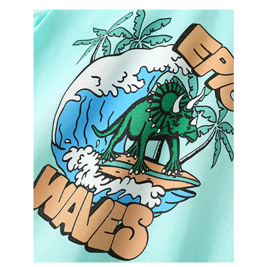 Children’s Dinosaur Surfing Adventure Graphic T-Shirt and Shorts Set Apparel and Accessories