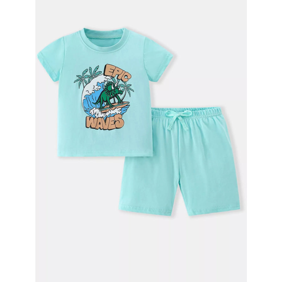 Children’s Dinosaur Surfing Adventure Graphic T-Shirt and Shorts Set Aqua / 3Y Apparel and Accessories