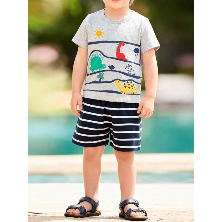 Children’s Dinosaur T-Shirt & Striped Shorts Set Light Gray / 2Y Apparel and Accessories