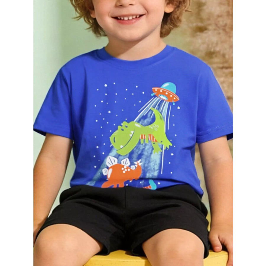 Children’s Dinosaur & UFO Graphic Crew Neck Short Sleeve T-Shirt Royal Blue / 2Y Apparel and Accessories
