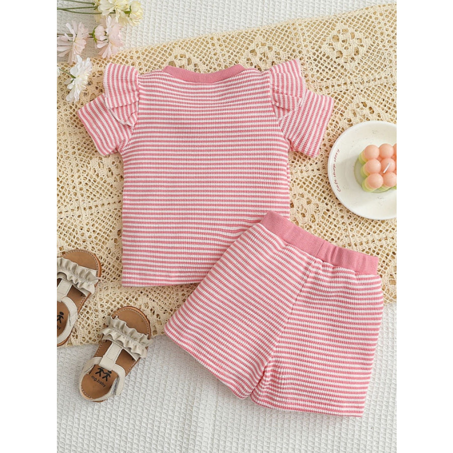 Children’s Duck Embroidered Ruffle Sleeve Striped Top and Shorts Set Apparel and Accessories