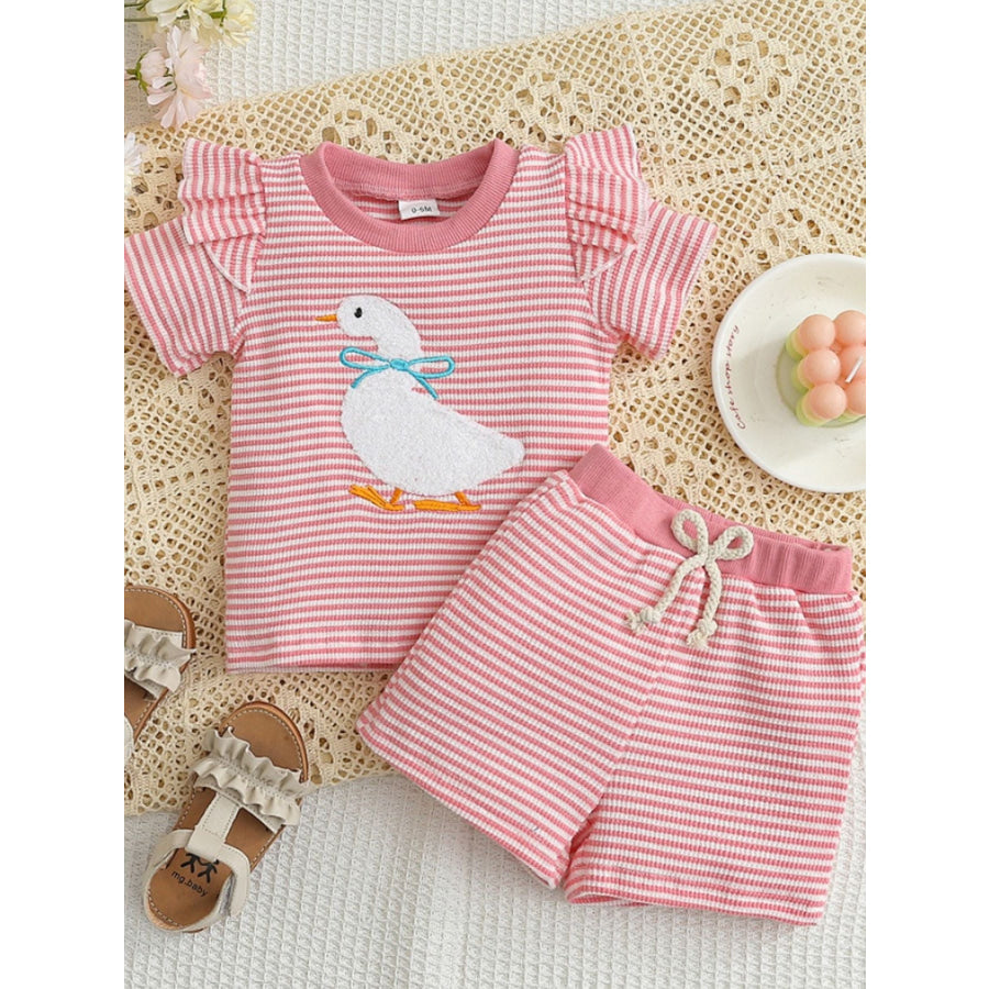 Children’s Duck Embroidered Ruffle Sleeve Striped Top and Shorts Set Blush Pink / 0-6M Apparel and Accessories