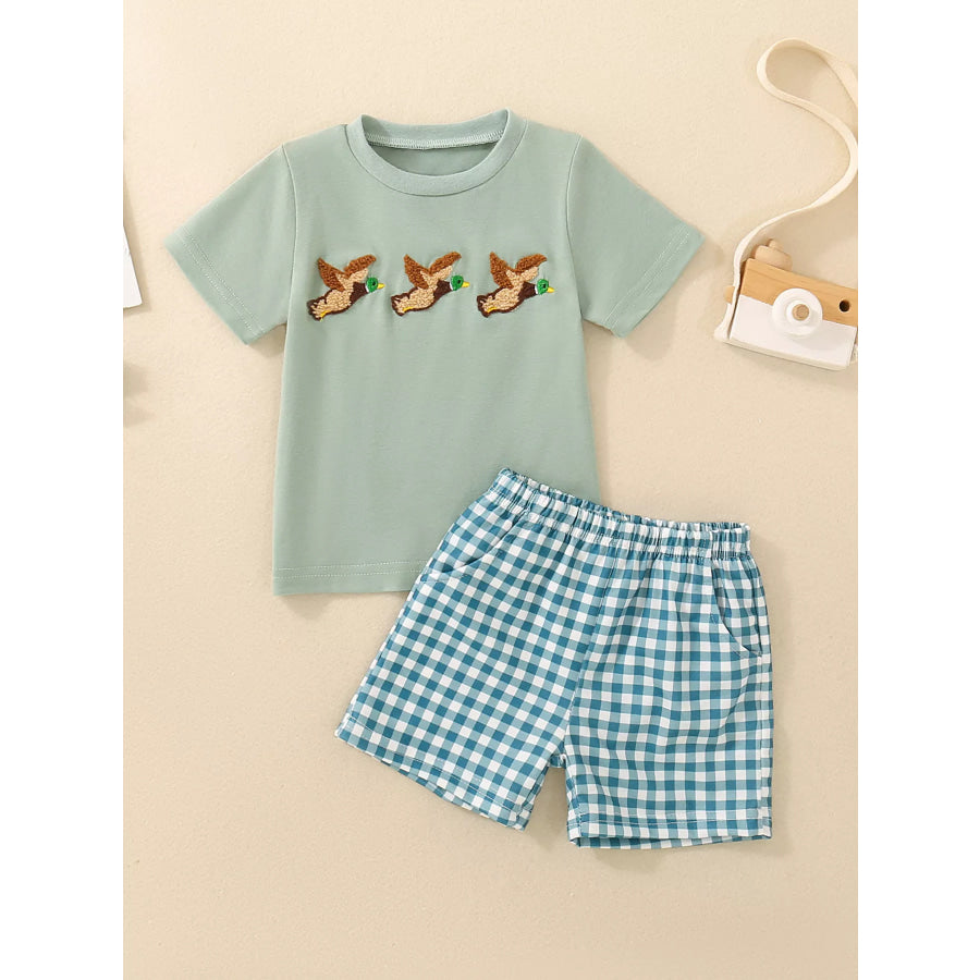 Children’s Duck Embroidered T-shirt and Gingham Shorts Set Green / 3-6M Apparel and Accessories