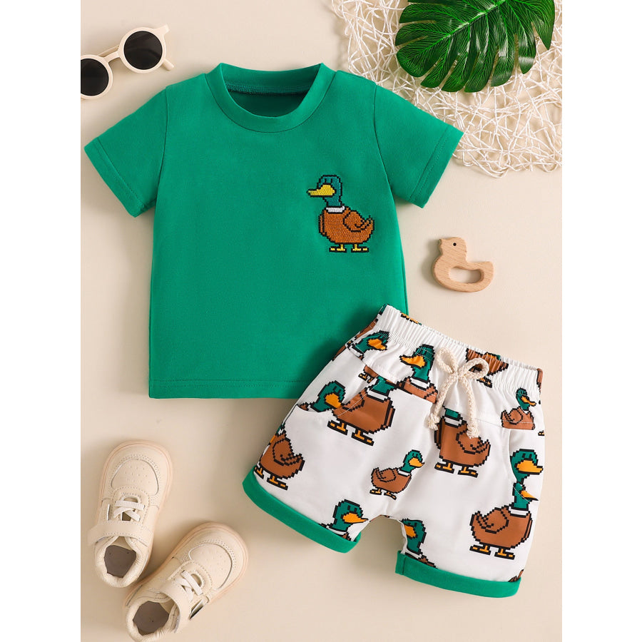 Children’s Duck Round Neck Tee and Shorts Set Green / 6-12M Apparel and Accessories