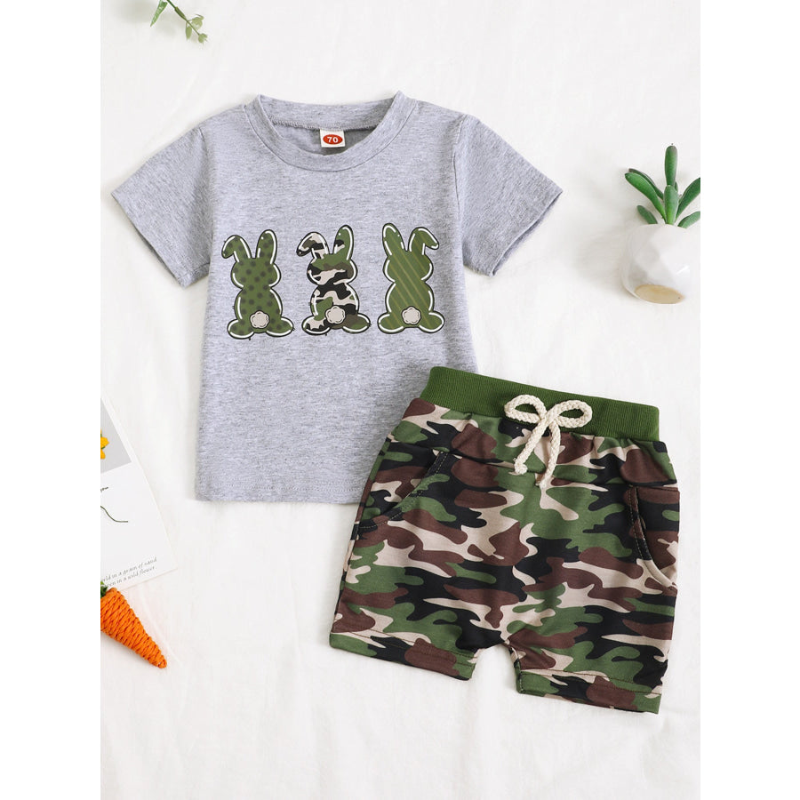Children’s Easter Bunny Camo Print T-Shirt & Shorts Set Gray Three Bunnies / 0-6M Apparel and Accessories