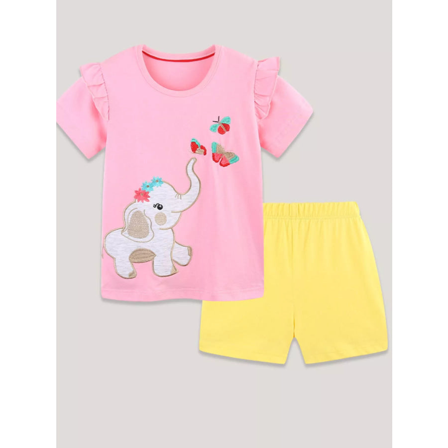 Children’s Elephant & Butterfly Embroidered T-shirt and Shorts Set Blush Pink / 2Y Apparel and Accessories