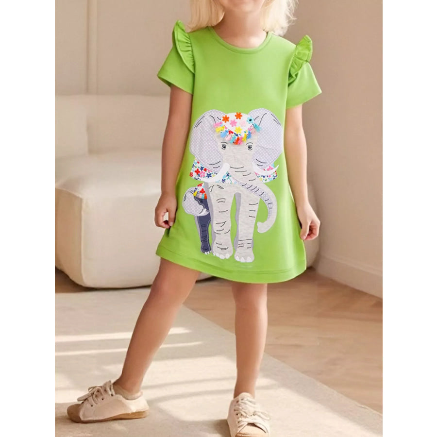 Children’s Elephant Ruffle Sleeve Dress Neon Green / 2Y Apparel and Accessories