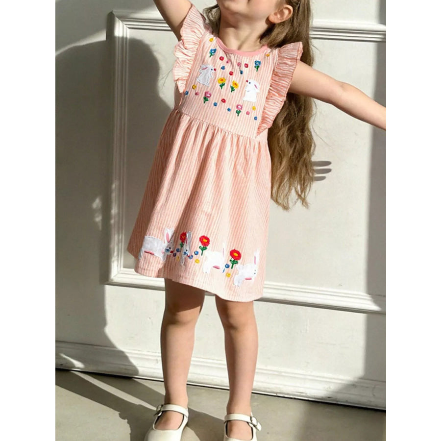 Children’s Embroidered Bunny Ruffle Sleeve Dress Watermelon pink / 2Y Apparel and Accessories