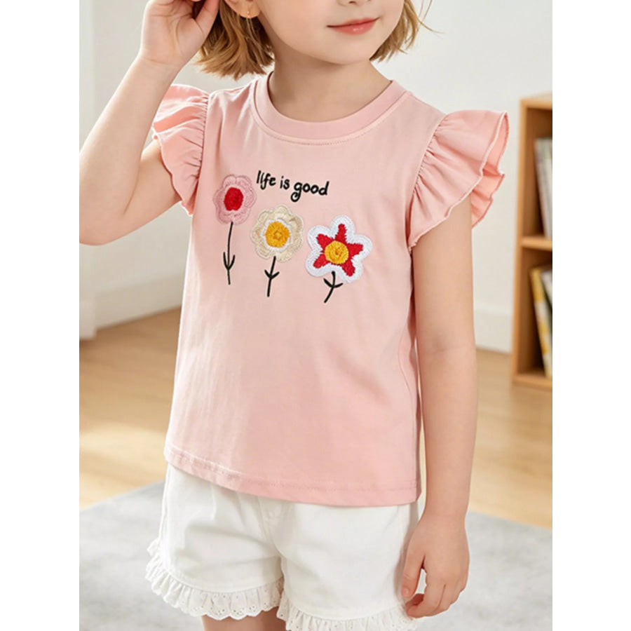 Children’s Embroidered Flower Ruffle Sleeve T-Shirt Blush Pink / 3T Apparel and Accessories