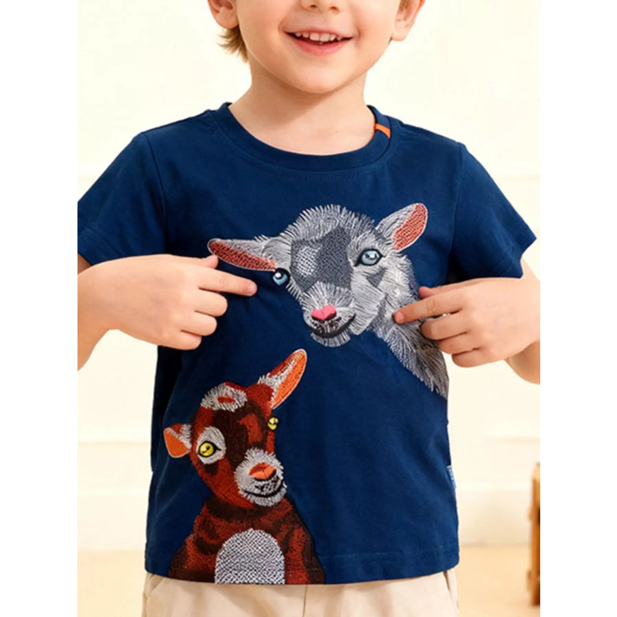 Children’s Embroidered Goat Round Neck Tee Dark Blue / 2T Apparel and Accessories