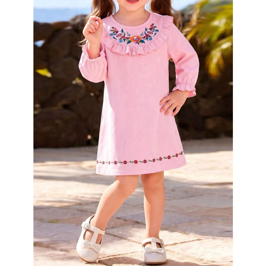Children’s Embroidered Long Sleeve Dress Pink / 2Y Apparel and Accessories