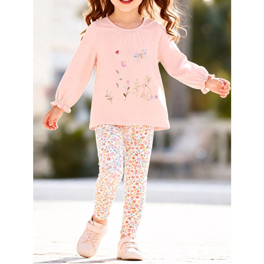 Children‘s Embroidered Long Sleeve Top and Floral Leggings Set Watermelon pink / 2Y Apparel and Accessories