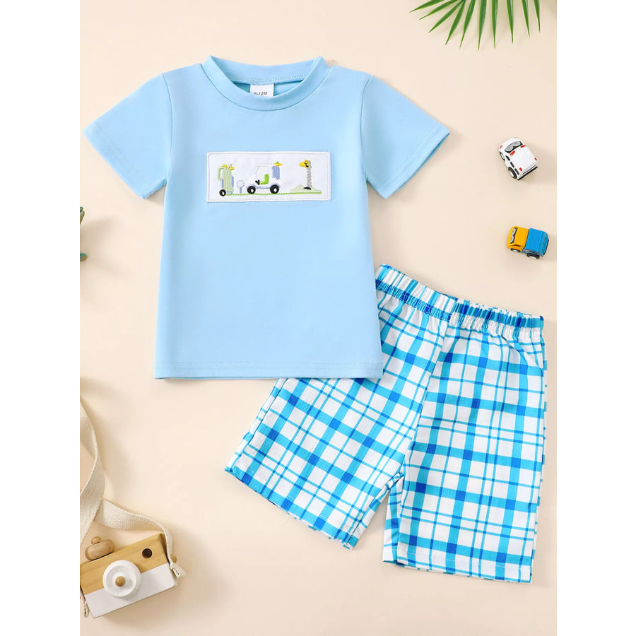 Children’s Embroidered Round Neck Tee and Shorts Set Blue / 6-12M Apparel and Accessories