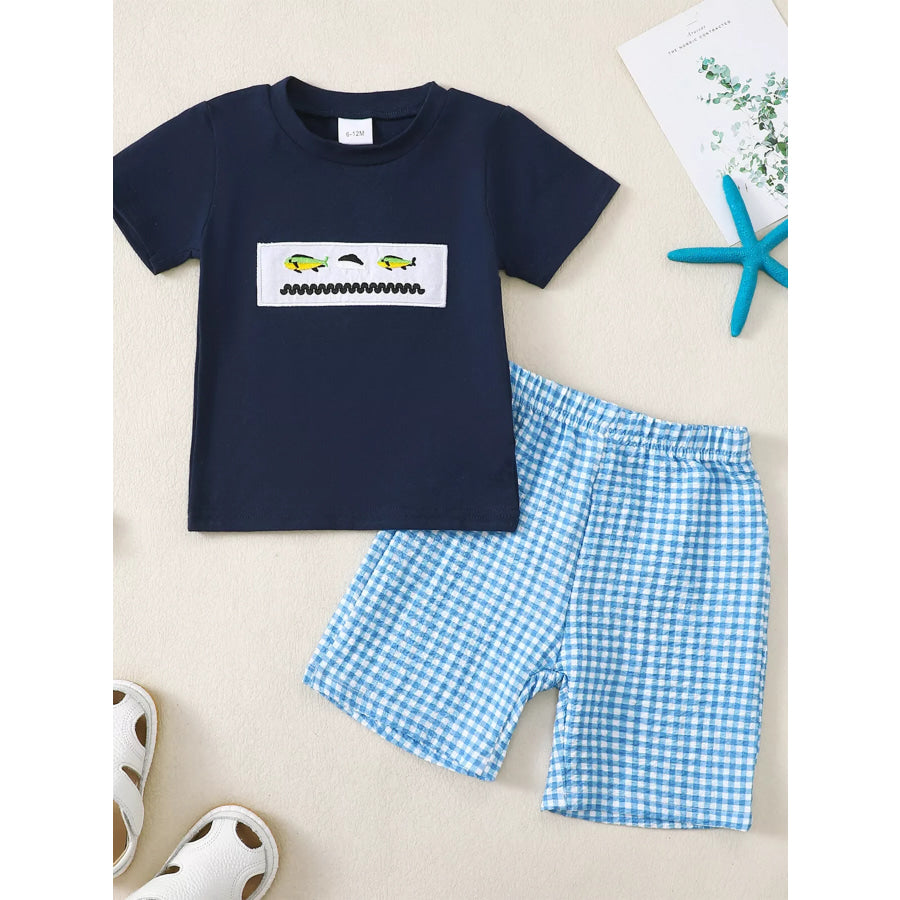 Children’s Embroidered Round Neck Tee and Shorts Set Blue / 6-12M Apparel and Accessories