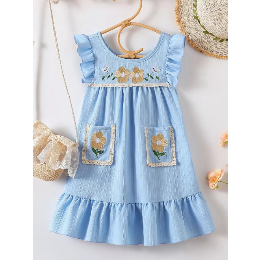 Children’s Embroidered Ruffled Hem Dress Sky Blue / 2-3Y Apparel and Accessories