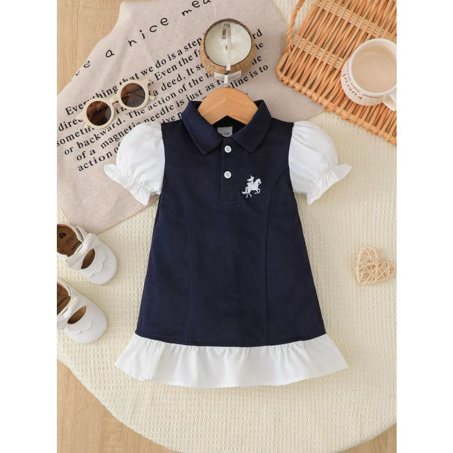 Children’s Embroidered Ruffled Hem Polo Dress Navy Blue / 6-9M Apparel and Accessories