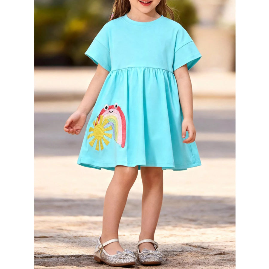 Children’s Embroidered Short Sleeve Dress Aqua / 2Y Apparel and Accessories
