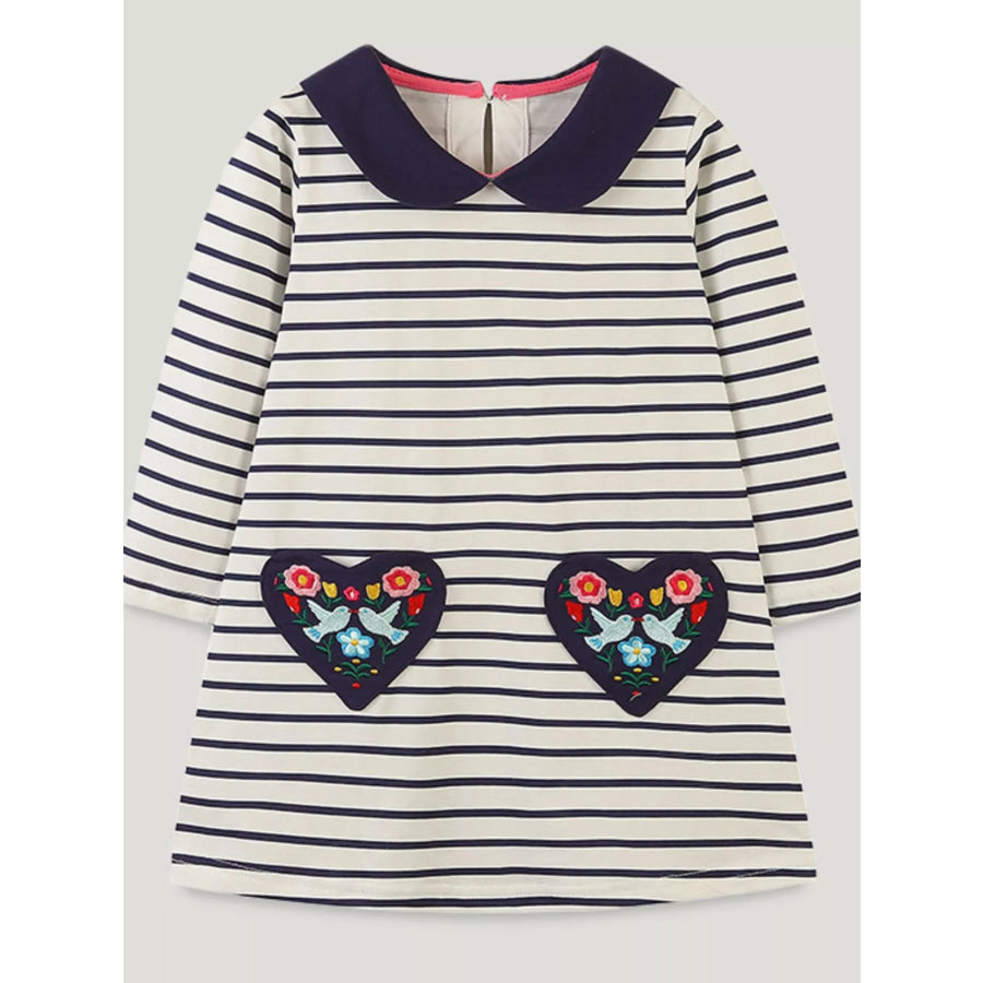 Children’s Embroidered Striped Long Sleeve Dress Black / 2Y Apparel and Accessories