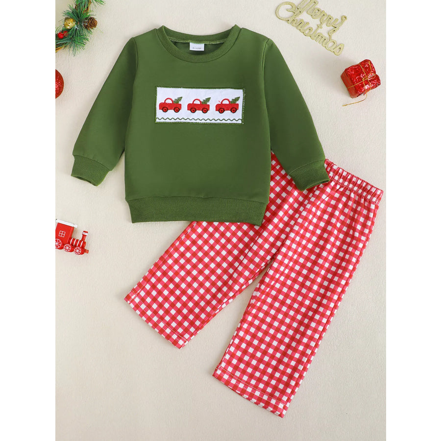 Children’s Embroidered Sweatshirt and Gingham Pants Set Green / 6-12M Apparel and Accessories