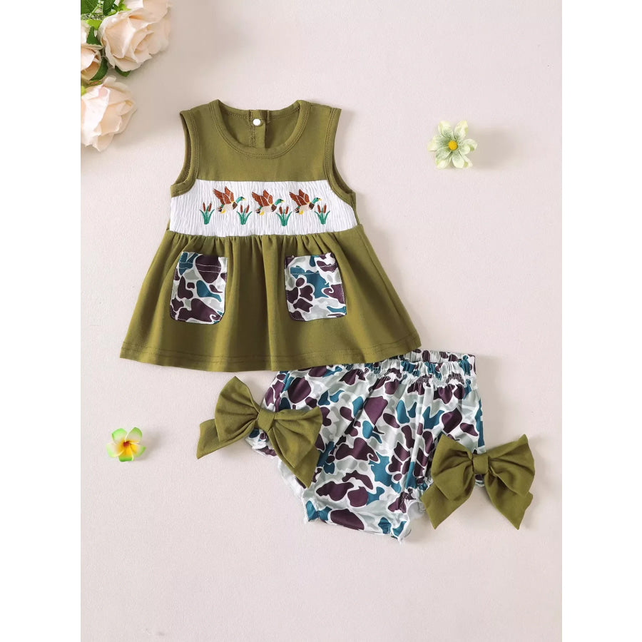 Children’s Embroidered Top and Camo Bottom Set Olive Green / 0-3M Apparel and Accessories