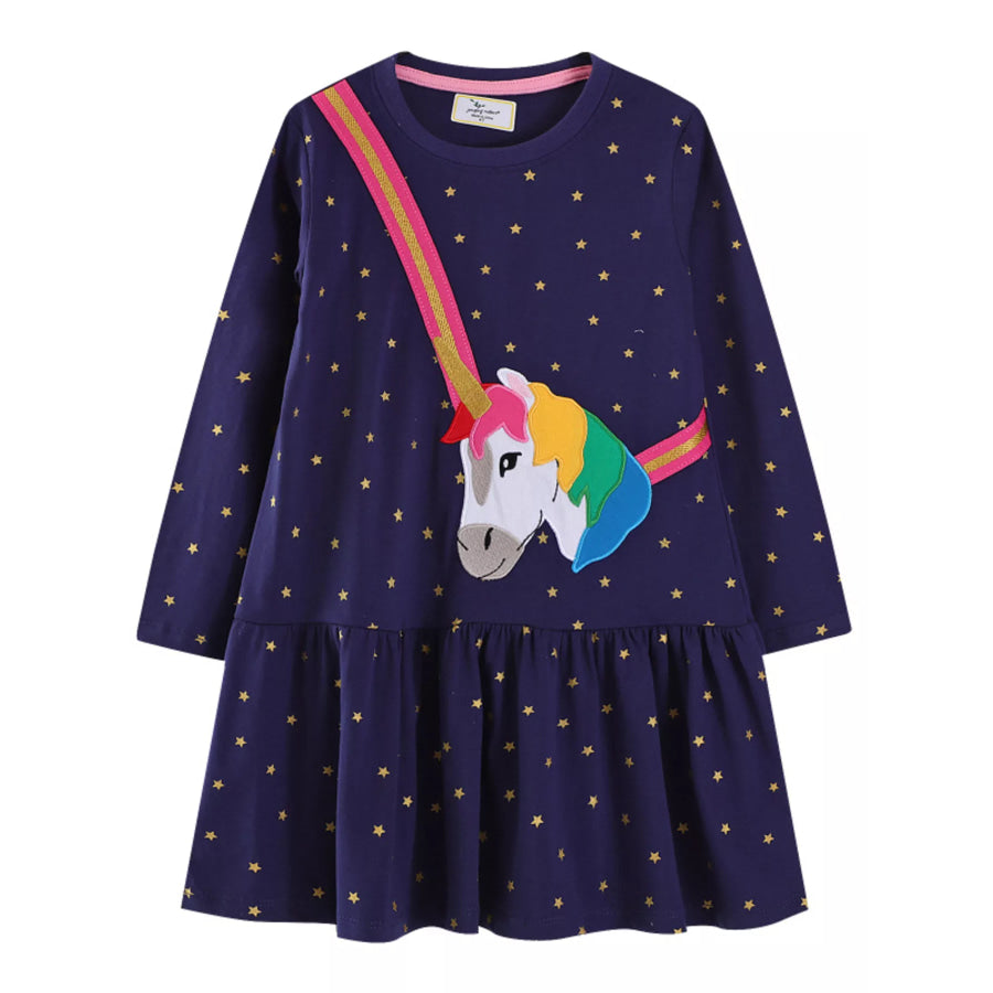 Children’s Embroidered Unicorn Long Sleeve Dress Dark Navy / 2T Apparel and Accessories